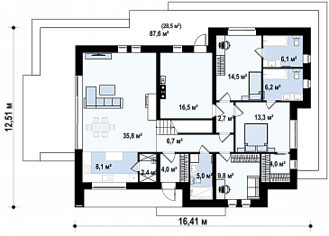Проект дома из газобетона в стиле барнхаус с кабинетом, комнатой отдыха и увеличенной котельной / План 1 этажа