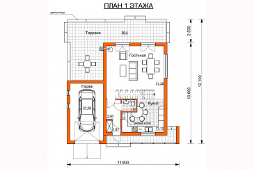 Проект дома с просторной открытой террасой, гаражом, спальнями и большим балконом-террасой на втором этаже / План 1 этажа