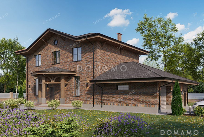 Проект двухэтажного дома с большой гостиной и гаражом на два автомобиля