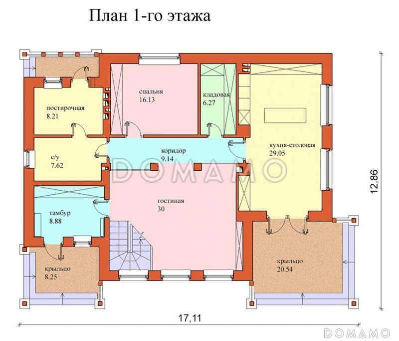 Проект одноэтажного дома с мансардным этажом и двумя балконами / План 1 этажа
