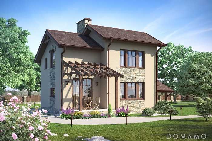 Проект дома с террасой, кухней-столовой с выходом на террасу, санузлом с окном, навесом для автомобиля