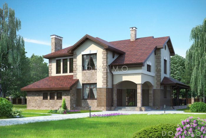 Дом с полукруглым эркером, смежным холлом, гостиной и столовой,  мансардным помещением