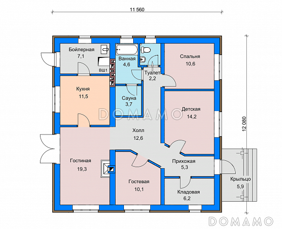 Проект дома с детской комнатой, сауной, гостиной с камином и выходом во двор / План 1 этажа