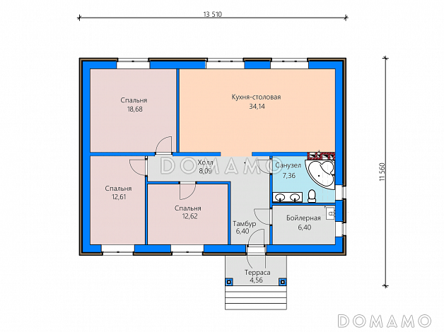Проект загородного дома из газобетона с большой кухней-столовой, тремя спальнями / План 1 этажа