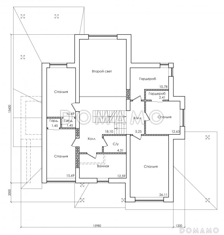 Проект особняка в трех уровнях, с комнатой отдыха на чердаке, с мастерской, гаражом и навесом под автомобиль / План 2 этажа