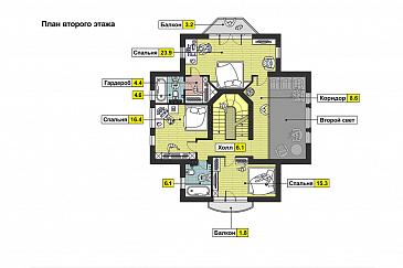 Проект дома с бассейном, сауной, спортзалом в цокольном этаже, гаражом на две машины, столовой с эркером, спальней на первом этаже, вторым светом, балконами / План 2 этажа