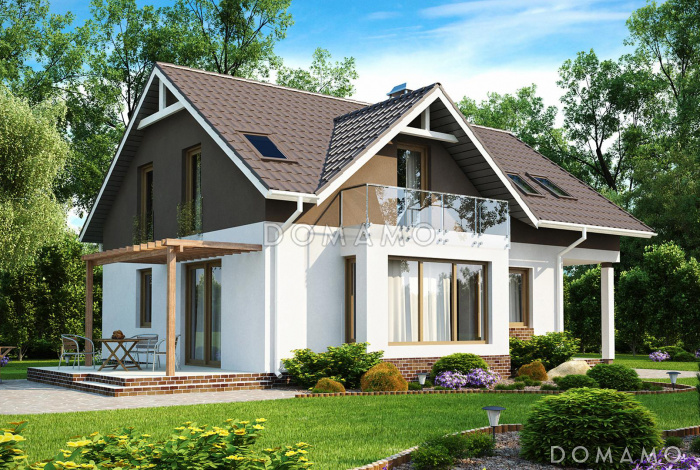 Проект дома с террасой, балконом, мансардными окнами, эркером в гостиной