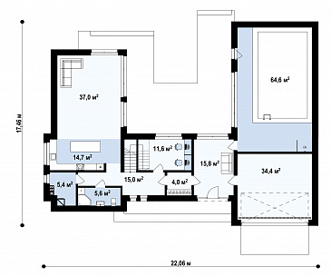 Проект двухэтажного дома с эксплуатируемой кровлей, гаражом, большой прихожей, светлой гостиной, кабинетом / План 1 этажа