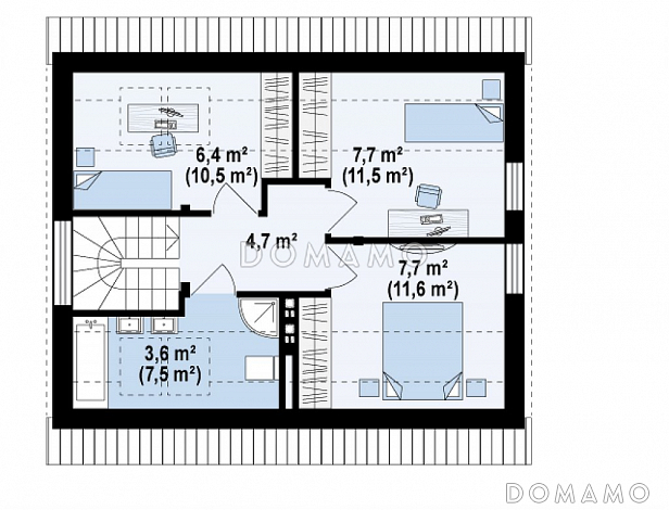 Проект компактного одноэтажного мансардного дома из кирпича с дополнительной спальней на первом этаже, адаптированный для сейсмоопасных регионов / План мансардного этажа