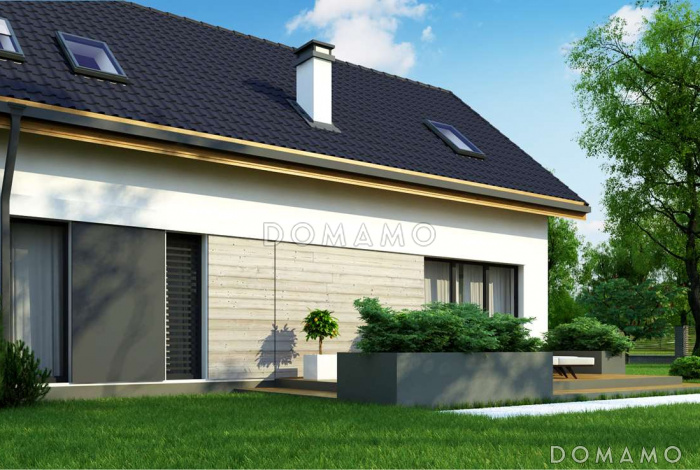 Проект одноэтажного мансардного дома из кирпича с кабинетом, балконом и гаражом