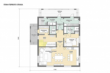 Проект двухэтажного кирпичного дома с террасой, балконом, сауной и 5 спальнями / План 1 этажа