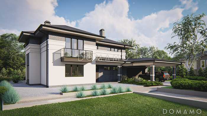 Проект загородного дома с гаражом и навесом, гостиной с эркером, большой прихожей