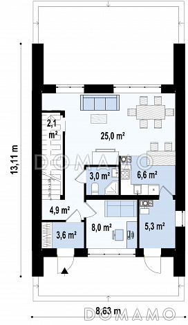 Проект современного двухэтажного дома из газобетона с кабинетом для узкого участка / План 1 этажа