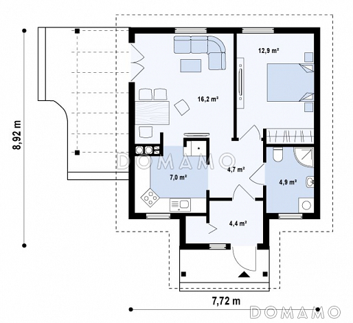 Проект маленького одноэтажного дома из кирпича с террасой / План 1 этажа