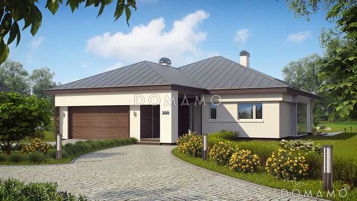 Проект одноэтажного дома с гаражом на 2 машины, кухней с кладовой, мастер-спальней, террасой