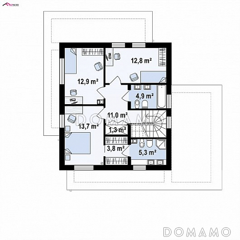 Проект современного двухэтажного дома из кирпича с плоской крышей, четырьмя комнатами, угловым остеклением гостиной и гаражом / План 2 этажа