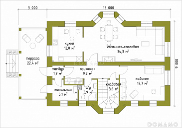 Проект коттеджа с большой террасой и французскими окнами / План 1 этажа
