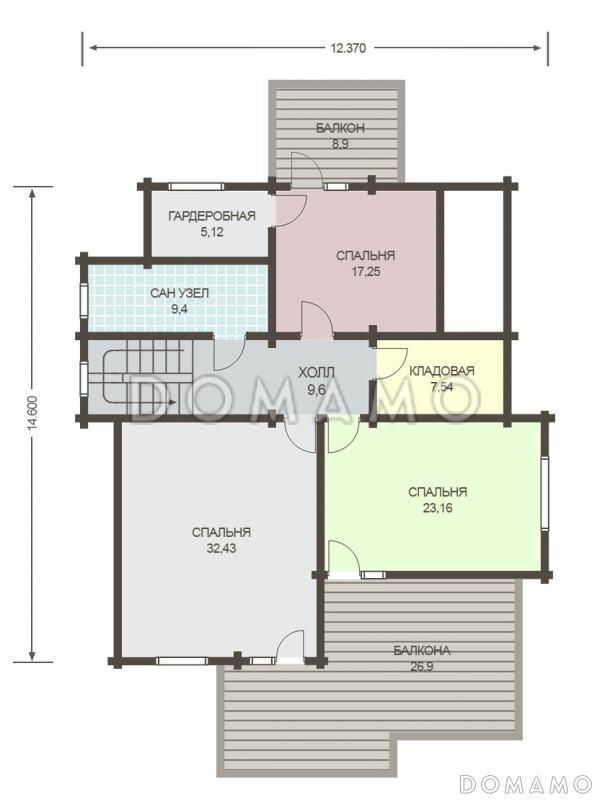 Проект деревянного дома из клееного бруса с просторным балконом на втором этаже / План 2 этажа