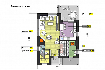 Загородный дом из СИП панелей с односкатной крышей, круглым окном, крытой террасой и вторым светом / План 1 этажа