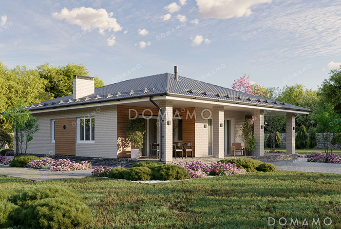 Проект одноэтажного дома со свободной планировкой дневной зоны, тремя спальнями и большой террасой