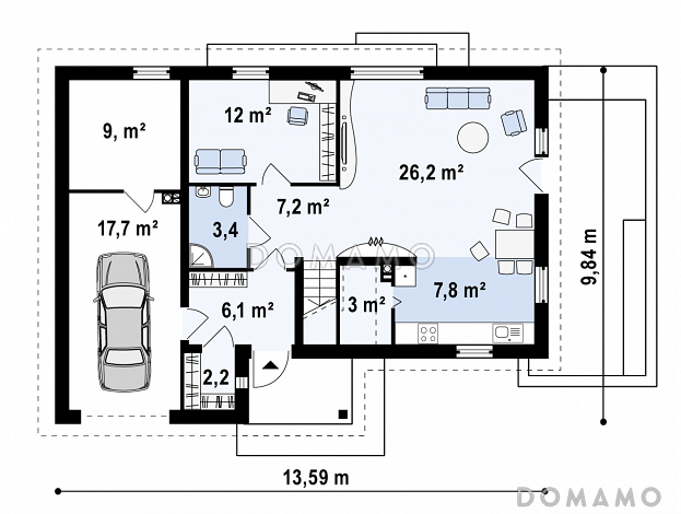 Проект одноэтажного дома из газобетона с угловой мансардой и встроенным гаражом / План 1 этажа