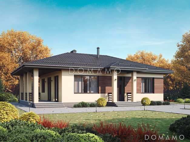 Проект одноэтажного дома с тремя спальнями, отдельным входом в техническое помещение, санузлом с окном. террасой