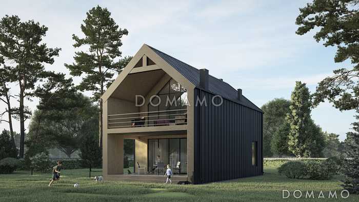 Проект двухэтажного дома из газобетона в стиле барнхаус с панорамными окнами в гостиной