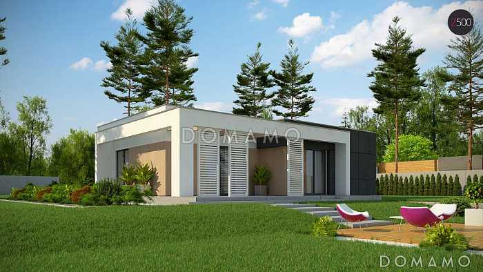 Проект компактного одноэтажного дома из кирпича с плоской крышей, с тремя спальнями и угловой крытой террасой