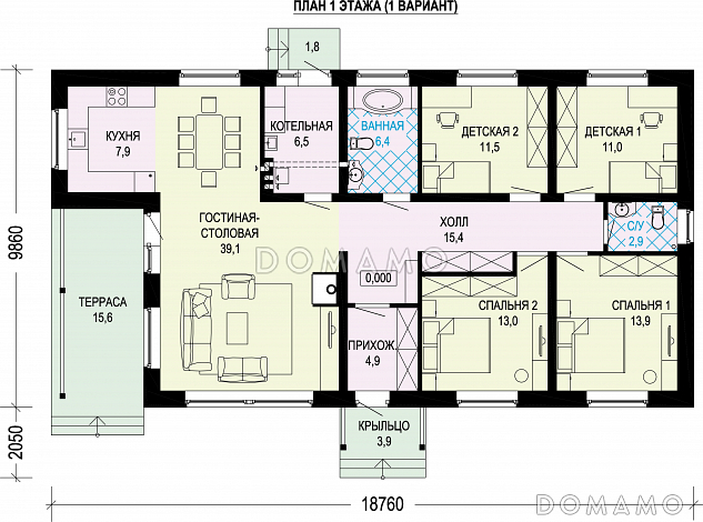 Проект одноэтажного кирпичного дома с четырьмя спальнями / План 1 этажа