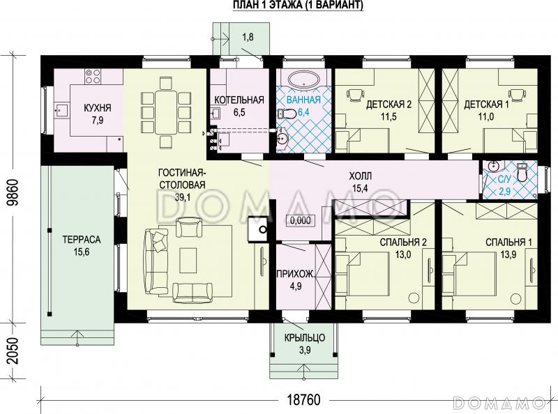 Проект одноэтажного кирпичного дома с четырьмя спальнями / План 1 этажа