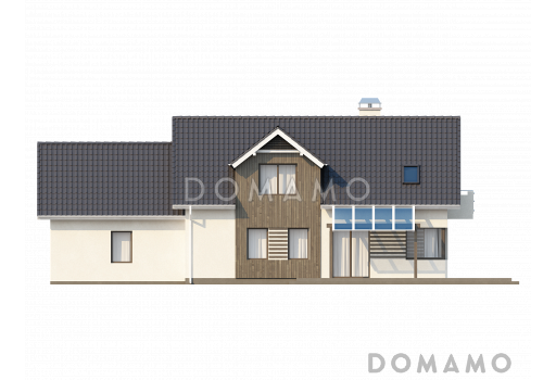 Проект просторного одноэтажного дома из газобетона с тремя спальнями и подсобным помещением на мансардном этаже и со встроенным гаражом / Фасад 3