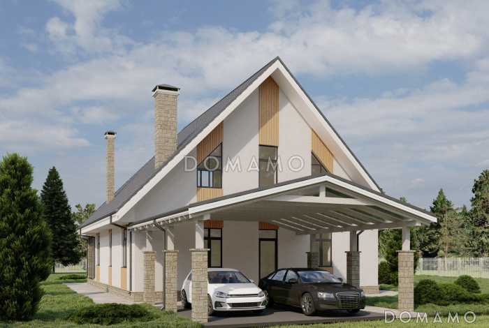 Проект одноэтажного каркасного дома с мансардой, вторым светом и крытой террасой