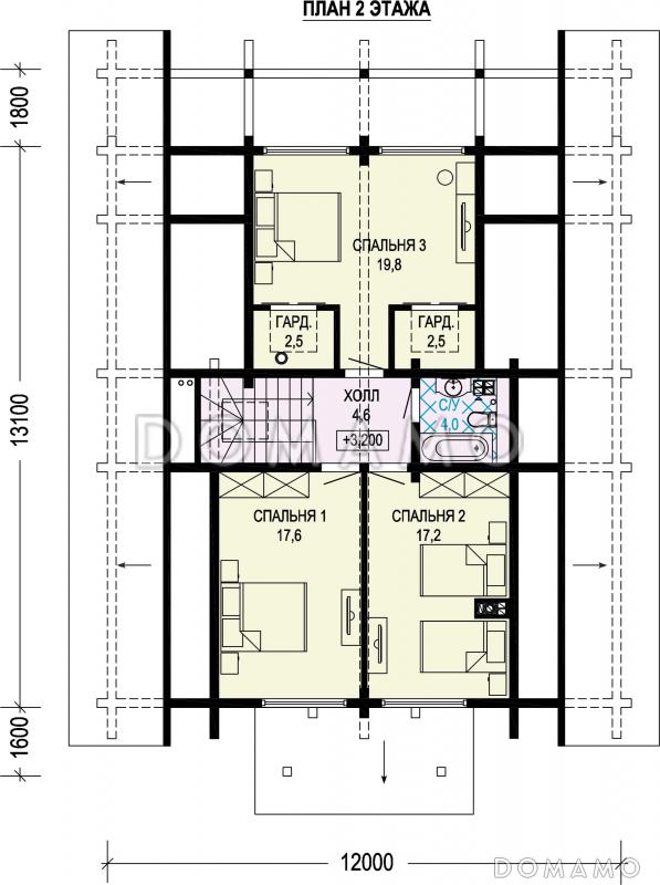 Проект дома из бруса с 4 спальнями, кабинетом и сауной / План мансардного этажа