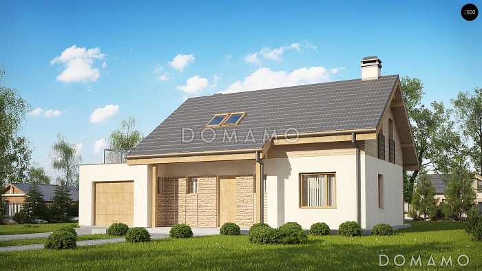 Проект компактного одноэтажного мансардного дома из газобетона с кабинетом, тремя спальнями и открытой террасой над гаражом