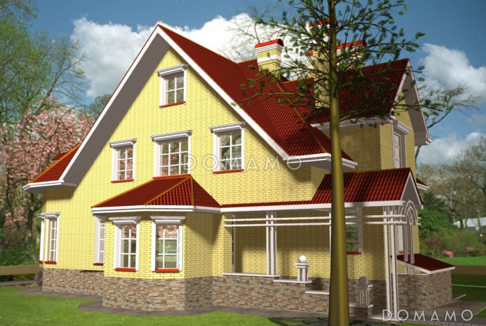 Проект дома с цокольным и мансардным этажами, с двумя эркерами - башнями