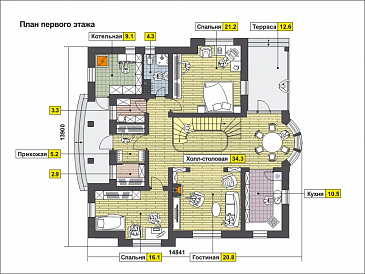 Проект дома с полукруглым эркером, двумя спальнями на первом этаже, вторым светом, ванной с окном, библиотекой / План 1 этажа