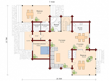 Проект двухэтажного дома из клееного бруса с удобной планировкой / План 1 этажа