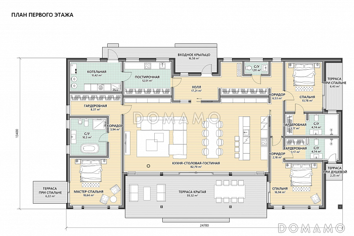 Проект одноэтажного дома из газобетона в стиле барнхаус с деревянной облицовкой и панорамными окнами / План 1 этажа