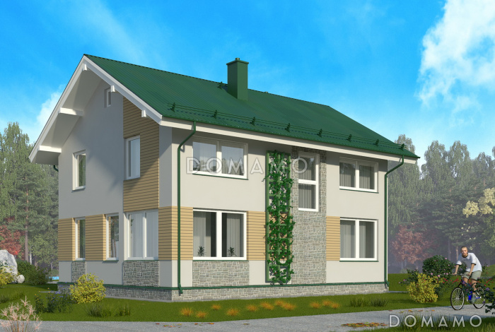 Проект лаконичного коттеджа с четырьмя спальнями, широкими окнами и большой гардеробной