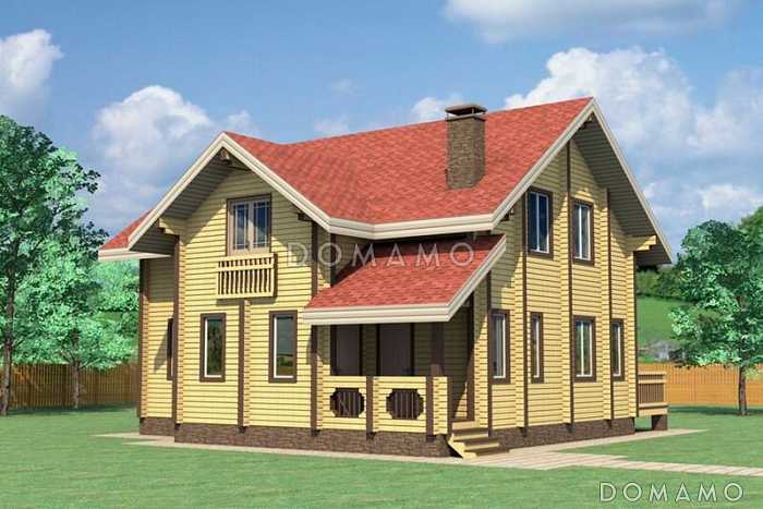 Проект дома с небольшой террасой и гостиной, которая объединена с кухней