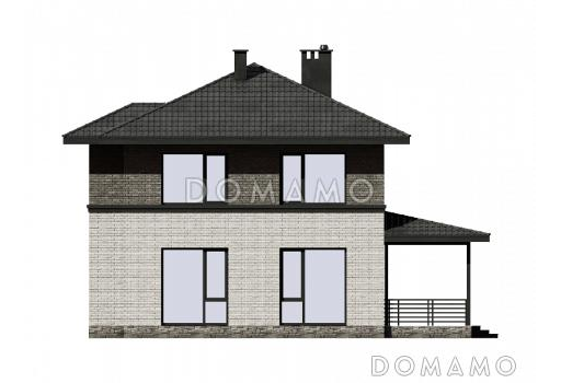 Проект дома с большой крытой террасой, комнатой на первом этаже, кабинетом / Фасад 3