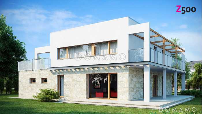 Проект современного двухэтажного дома из кирпича с четырьмя спальнями, кабинетом и гаражом