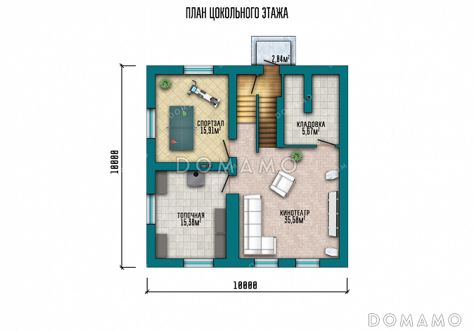 Проект кирпичного двухэтажного дома с 4 спальнями, верандой, круглой беседкой на террасе и обустроенным цокольным этажом / План подвала
