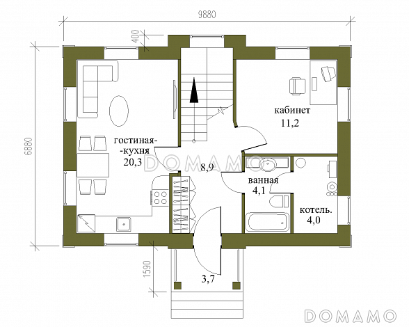 Проект компактного кирпичного коттеджа с парадным входом / План 1 этажа