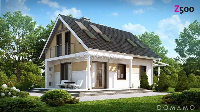 Проект одноэтажного мансардного дома из кирпича с балконом и навесом для автомобиля, с увеличенной гостиной