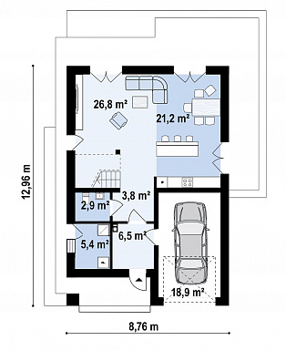 Проект дома с прачечной, гаражом, тремя спальнями на мансарде и просторной гардеробной / План 1 этажа