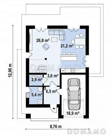 Проект дома с прачечной, гаражом, тремя спальнями на мансарде и просторной гардеробной / План 1 этажа