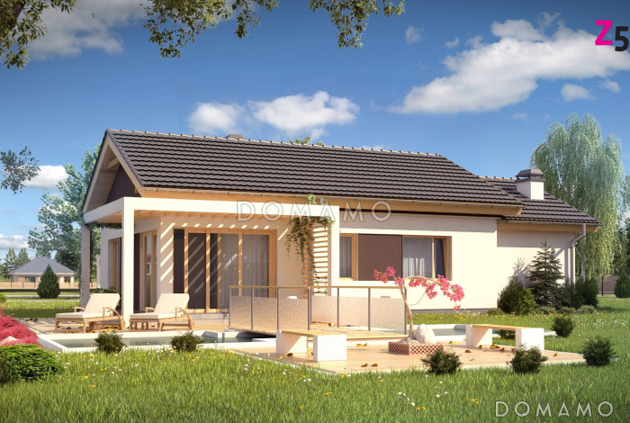 Проект одноэтажного дома из газобетона с большой светлой гостиной и с пристроенным гаражом