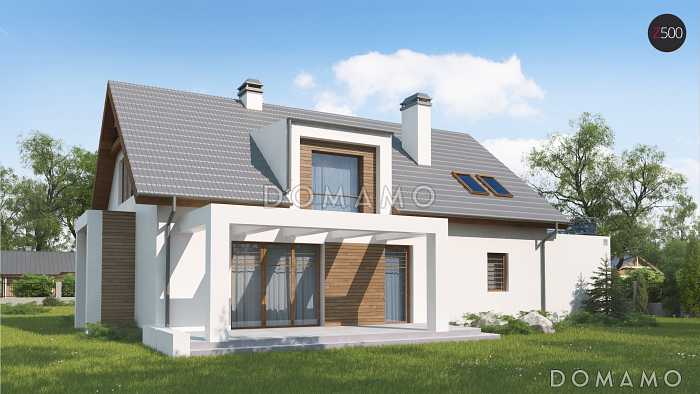 Проект одноэтажного мансардного дома из кирпича с эркером в кухонной зоне, вертикальным мансардным окном и гаражом