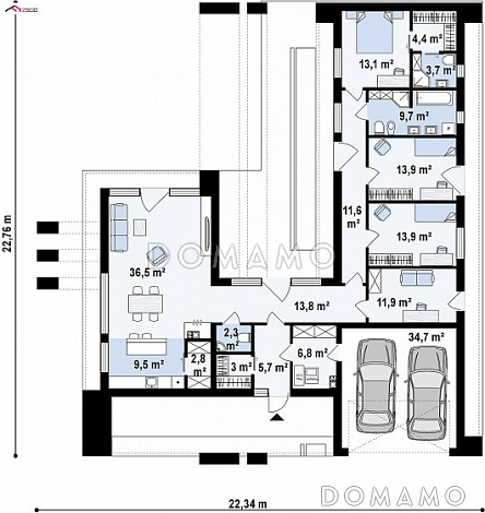 Проект современного одноэтажного дома из газобетона с плоской крышей, с четырьмя комнатами и двухместным гаражом  / План 1 этажа